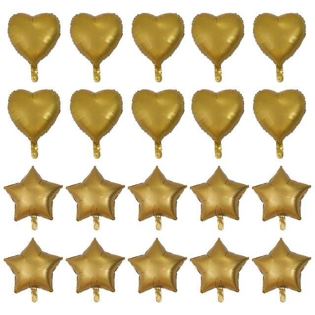 KAKOWELY 20 globos metálicos de aluminio con forma de corazón y estrella para decoración de cumpleaños, bodas y fiestas (dorados, 10 en forma de corazón + 10 en forma de estrella)
