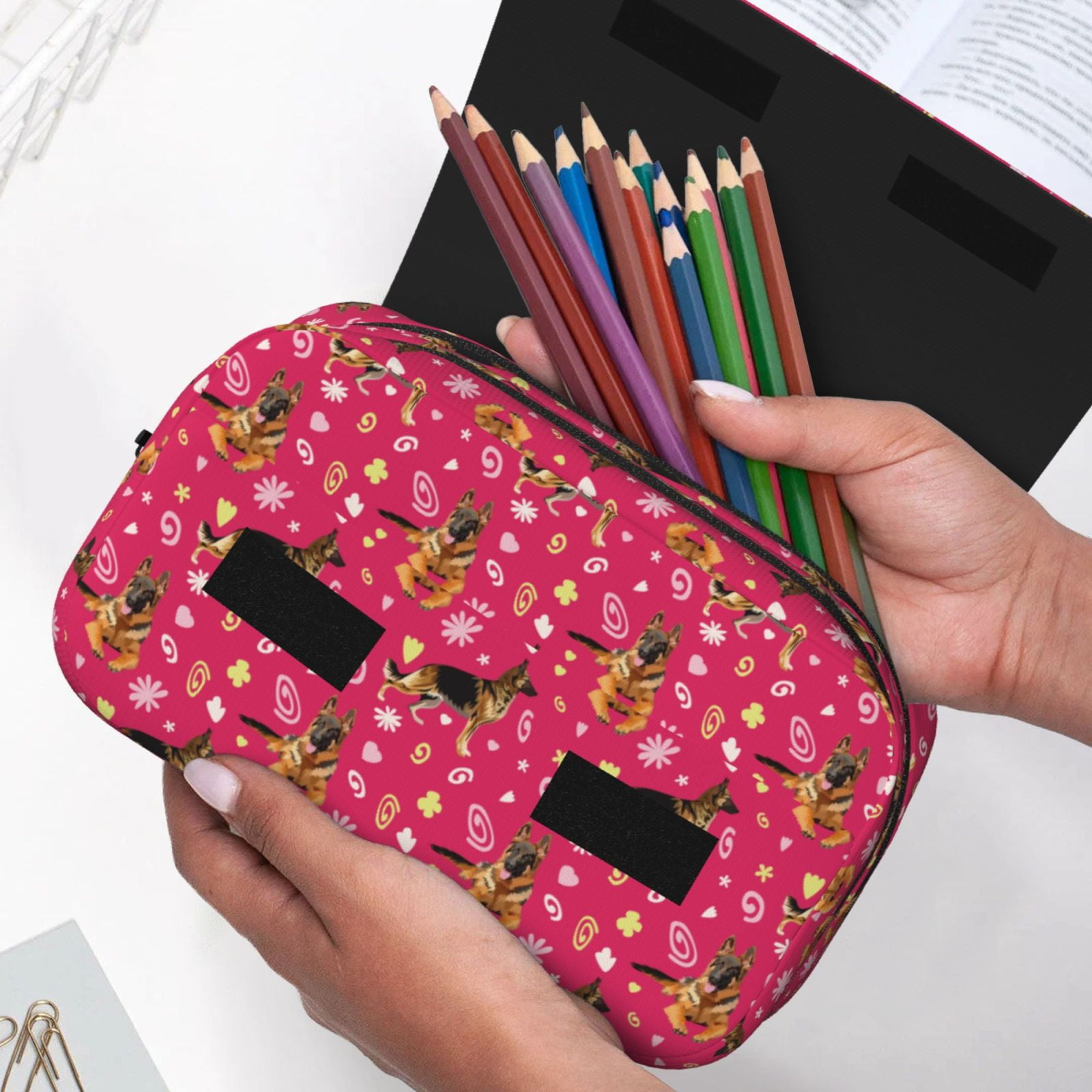 Rateoe German Shepherd Dog Pattern Double Clamshell Pen Case, Storage Organizer with Two Zipper Compartments– Holds Up to 50 Pencils & Pens
