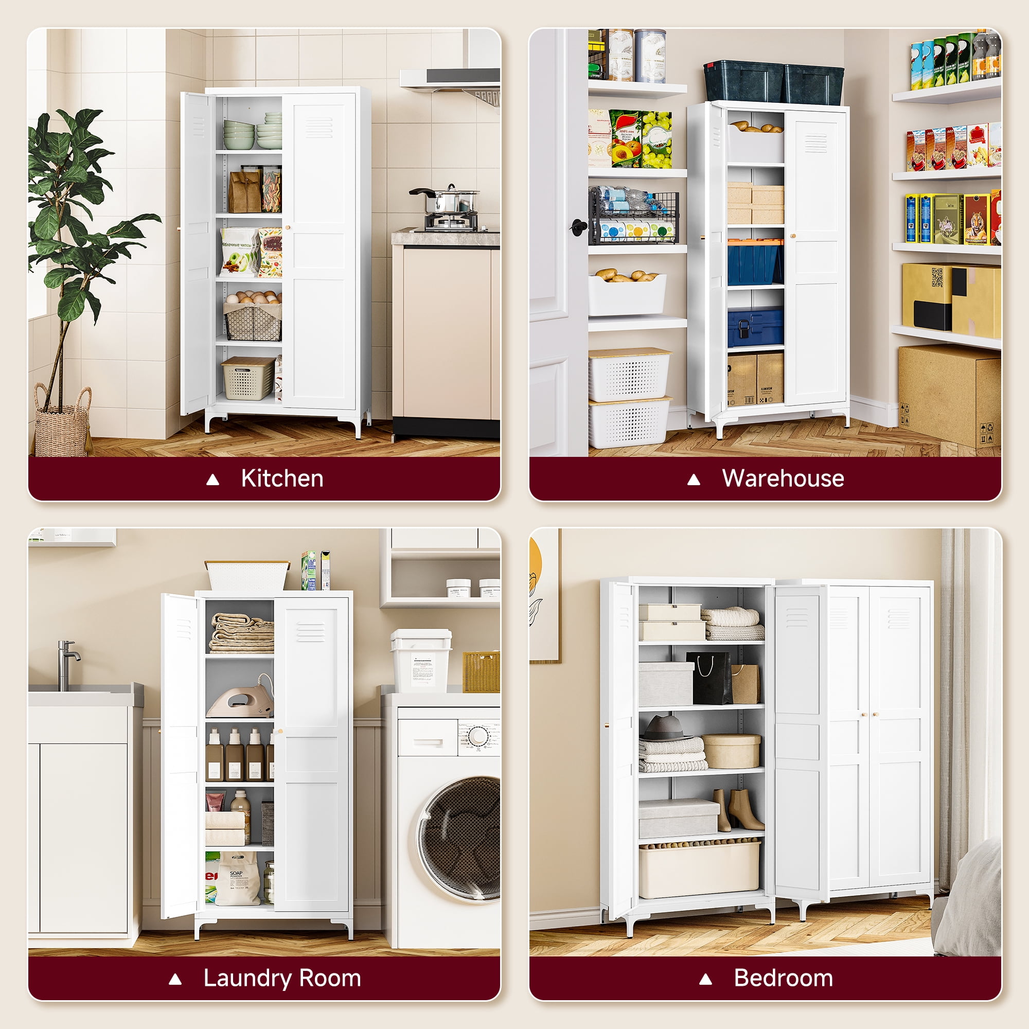 AUHUP Pantry Cabinet with 4 Adjustable Shelve, 61"H White Metal Storage Cabinet for Kitchen, Dining Room, Living Room