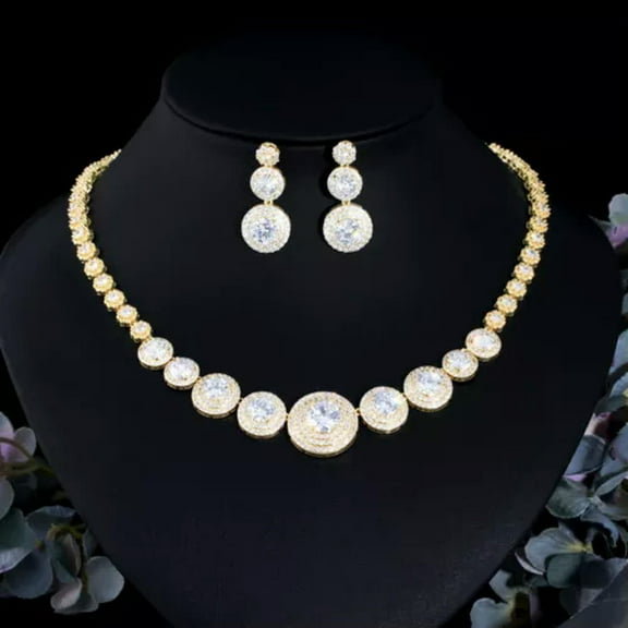 White Gold Plated Big Cubic Zirconia Round Shaped Necklace Earrings Jewelry Set