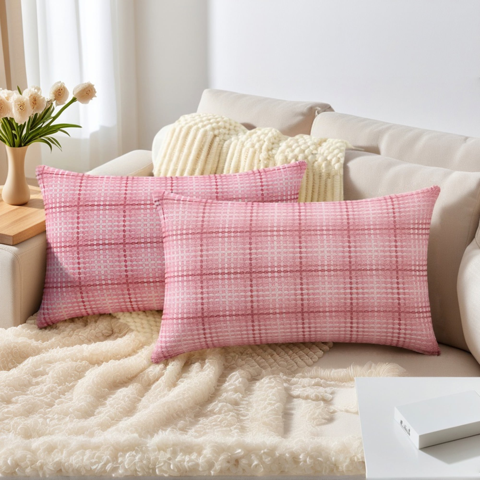 Unique Bargains Plaid Decorative Throw Pillow Covers Pack of 2 Pink 20" x 12"