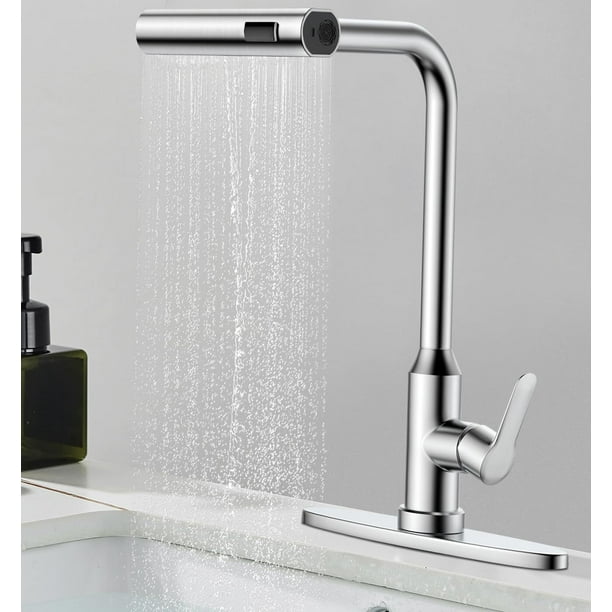 Grifo de Cocina, 360°Giratorio Llaves para Fregadero de Cocina Extraíble de Agua Fría y Caliente, Acero Inoxidable 304, Monomando para Fregadero, Estilo Cascada