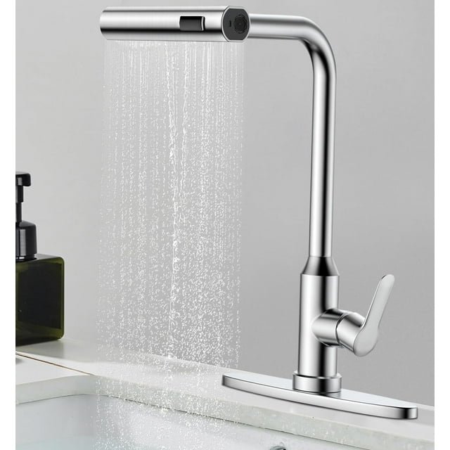 Grifo de Cocina, 360°Giratorio Llaves para Fregadero de Cocina Extraíble de Agua Fría y Caliente, Acero Inoxidable 304, Monomando para Fregadero, Estilo Cascada