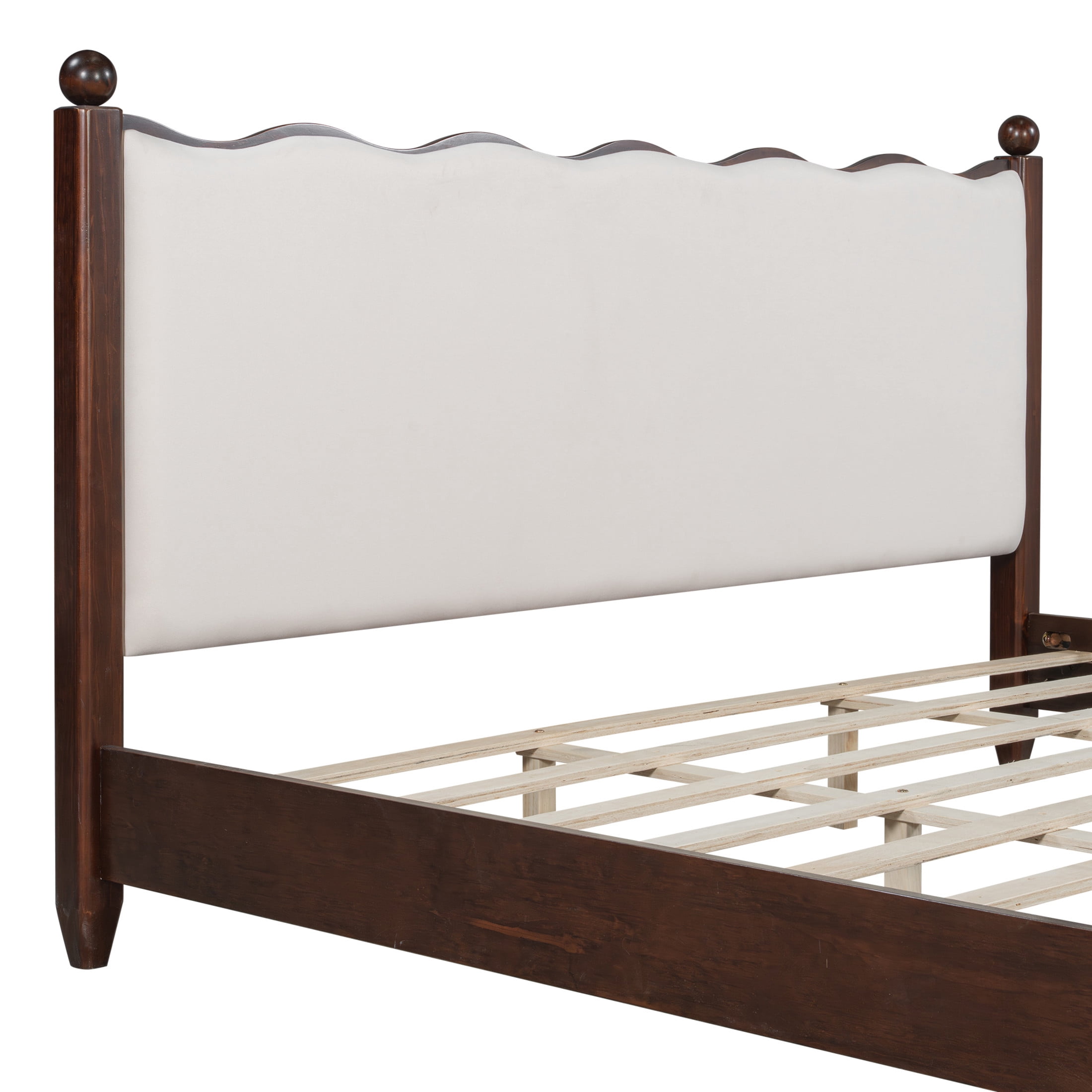 Noble House Lorven King Size Platform Bed with Scalloped Upholstered Headboard, Pine Wood Frame, Beige & Espesso