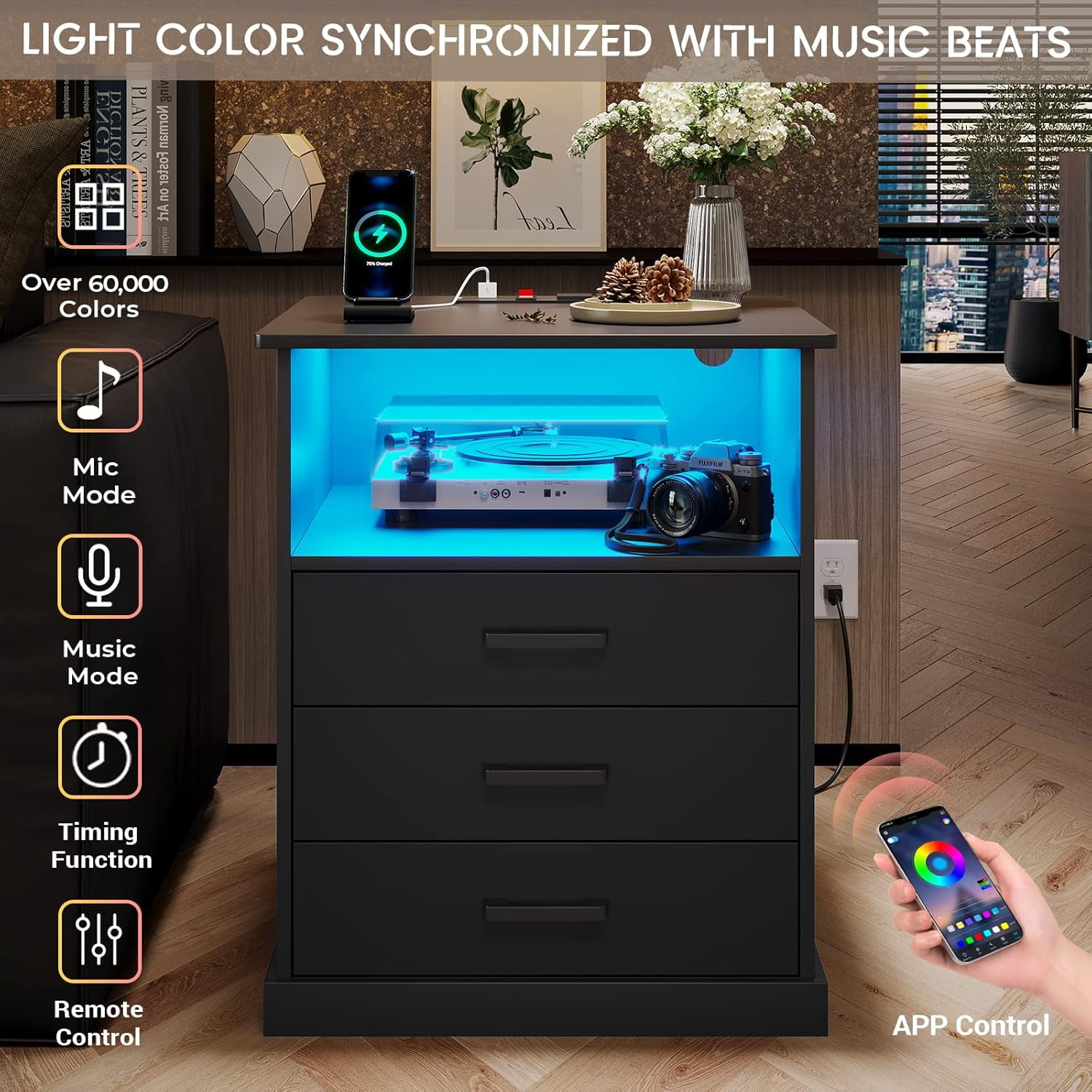 Black Nightstand Bedside Table with 3 Drawers & LED Lights & Charging Station, Modern End Side Table for Bedroom
