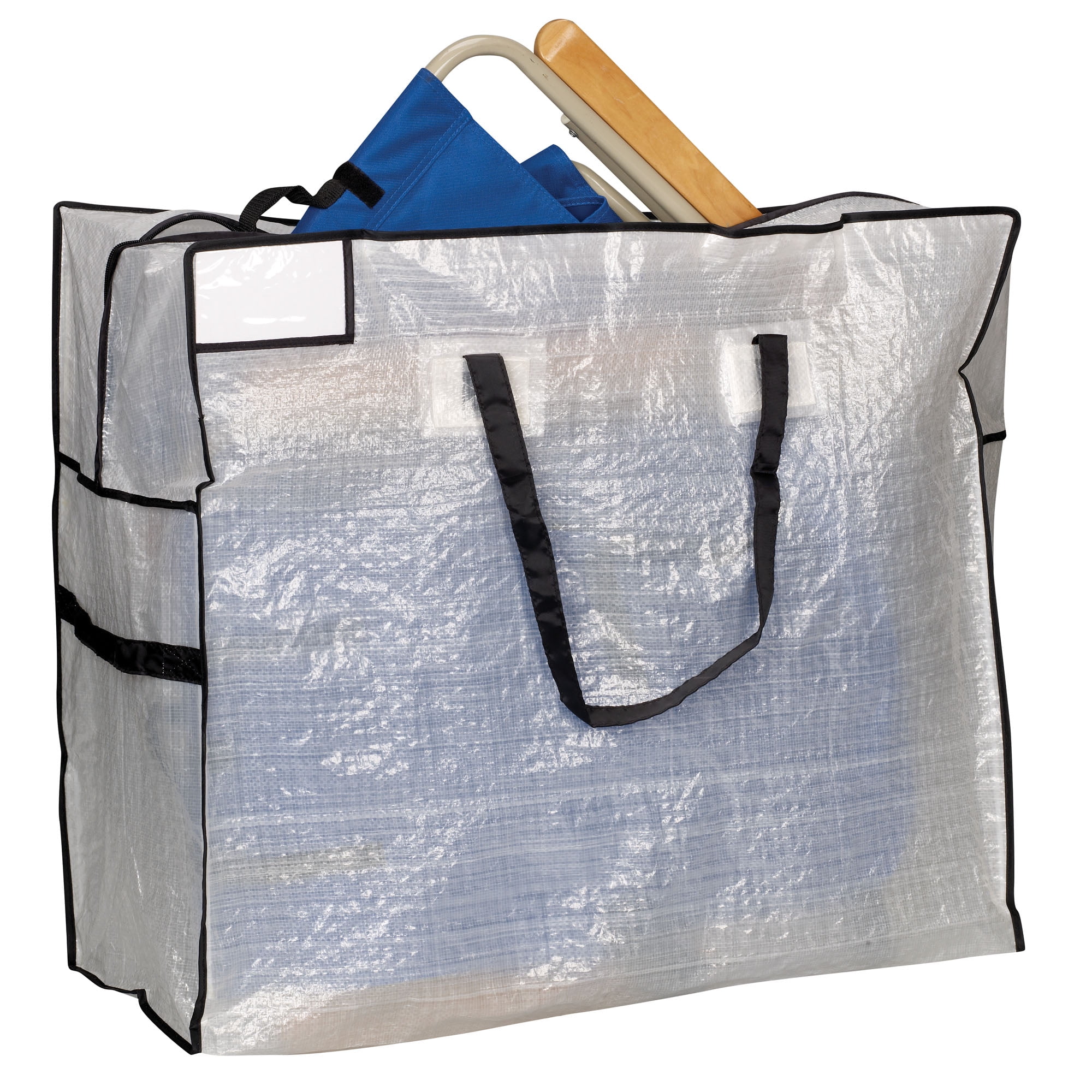 Household Essentials MightyStor Storage Tote Bag, Large, Extra-Durable PE Canvas with 4 Handles, Tear Resistant, Strong Zipper, Lightweight, Perfect for Long-Term Storage, White and Black