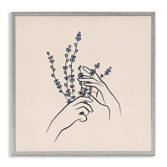 Stupell Industries Bohemian Hands Holding Lavender Sprigs Botanical Line Doodle Gray Framed Giclee Art, 17 x 17, by JJ Design House LLC