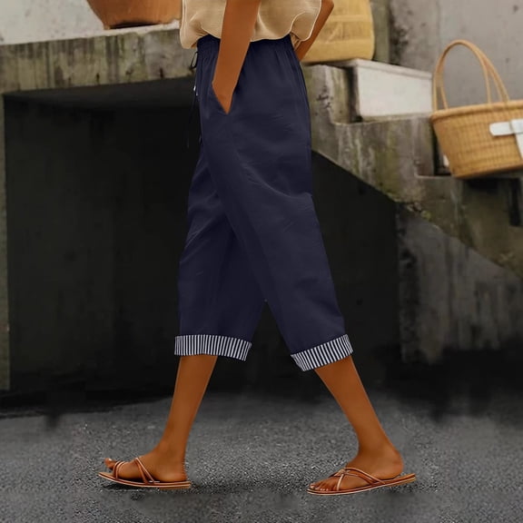 YOZGXEG Wide Leg Pants Women Women Summer Wide Leg Linen Pants Elastic Waist High Waisted Casual Beach Trousers Blue S-3Xl