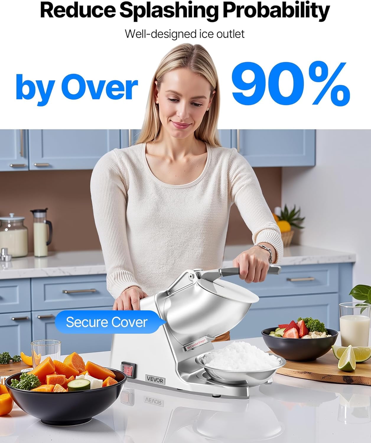 Ice Crusher , 143lbs Per Hour Electric 2 Blades Snow Cone Maker, Stainless Steel Shaved Ice  with Bowl and Cover, 300W 2000RPM Ice-Shaver for Home and Commercial Use, Silver