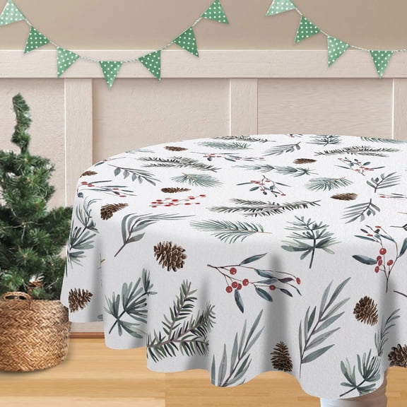 Winter Pine Tree Leaves Round Tablecloth 60 x 60 Inch, Leaf Pine Cone Red Berry Decorative Table Cloth Farmhouse Dining Table Cover, Christmas Holiday Dinner Party Picnic Decoration