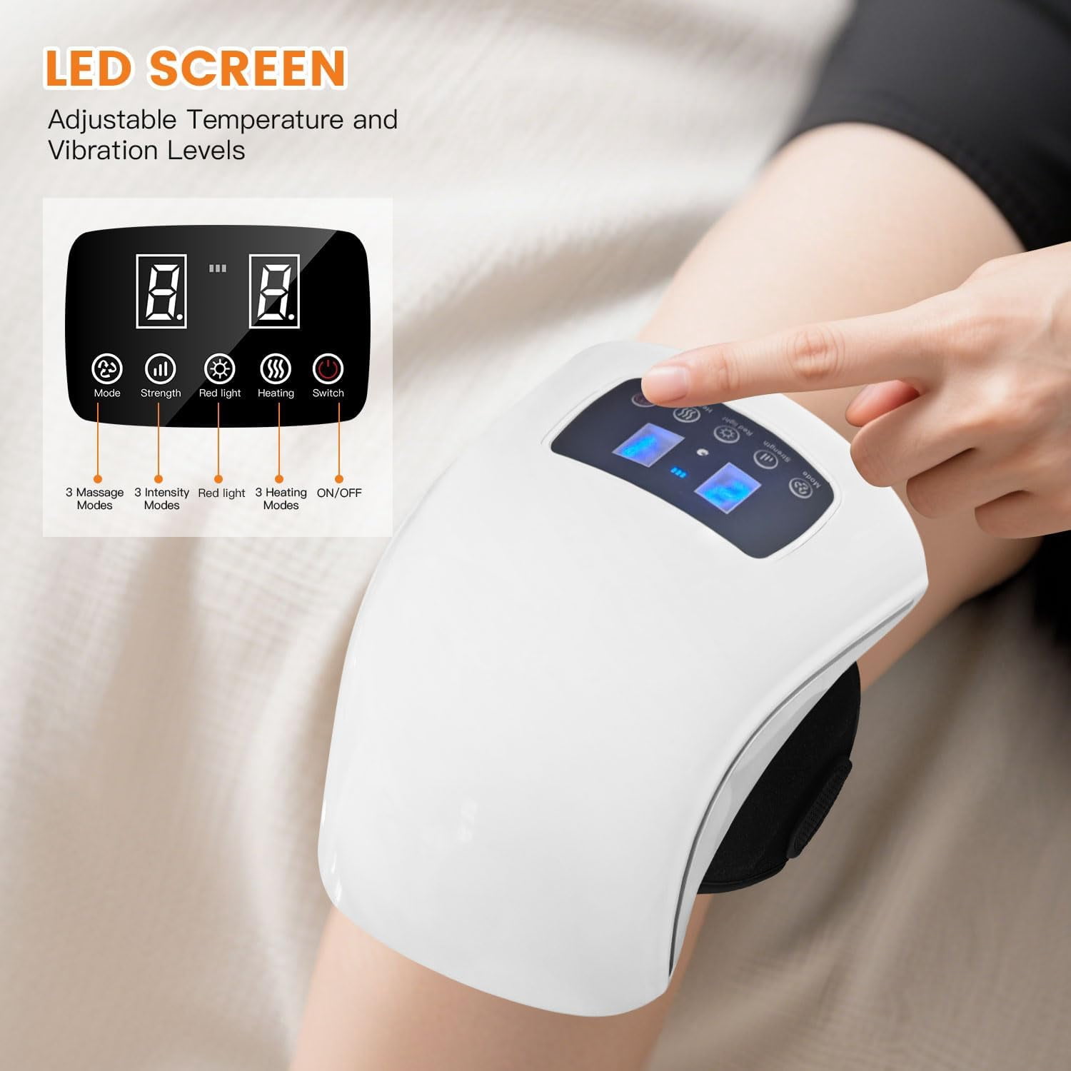 Wearable Knee Wrap with Controllable Heat, Vibration, and Dual-Wavelength LEDs, Cordless Rechargeable Device with Adjustable Straps for Home Use