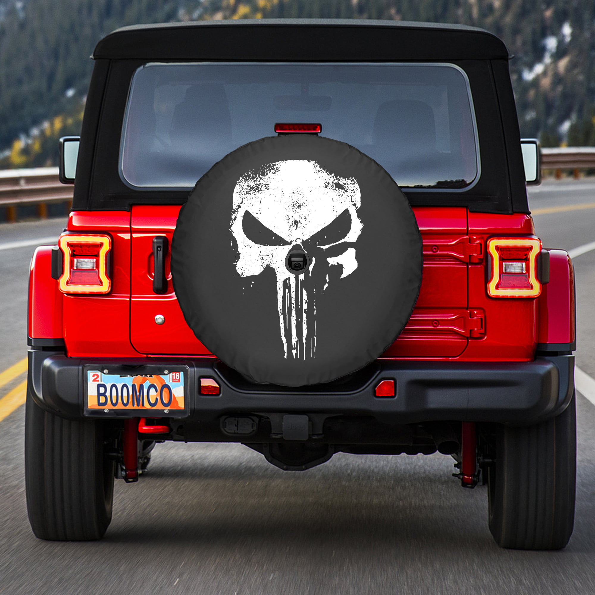 - Distressed Punisher Skull Boomerang with Back-up Camera 32 Soft JL Tire Cover for use with 2018-2019 Jeep Wrangler JL Sport & Sahara