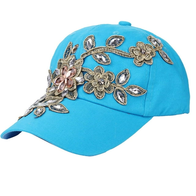 Women Hats Portable Adjustable Shiny Rhinestone Flower Embroidery Sunscreen Summer Cap Head Wear