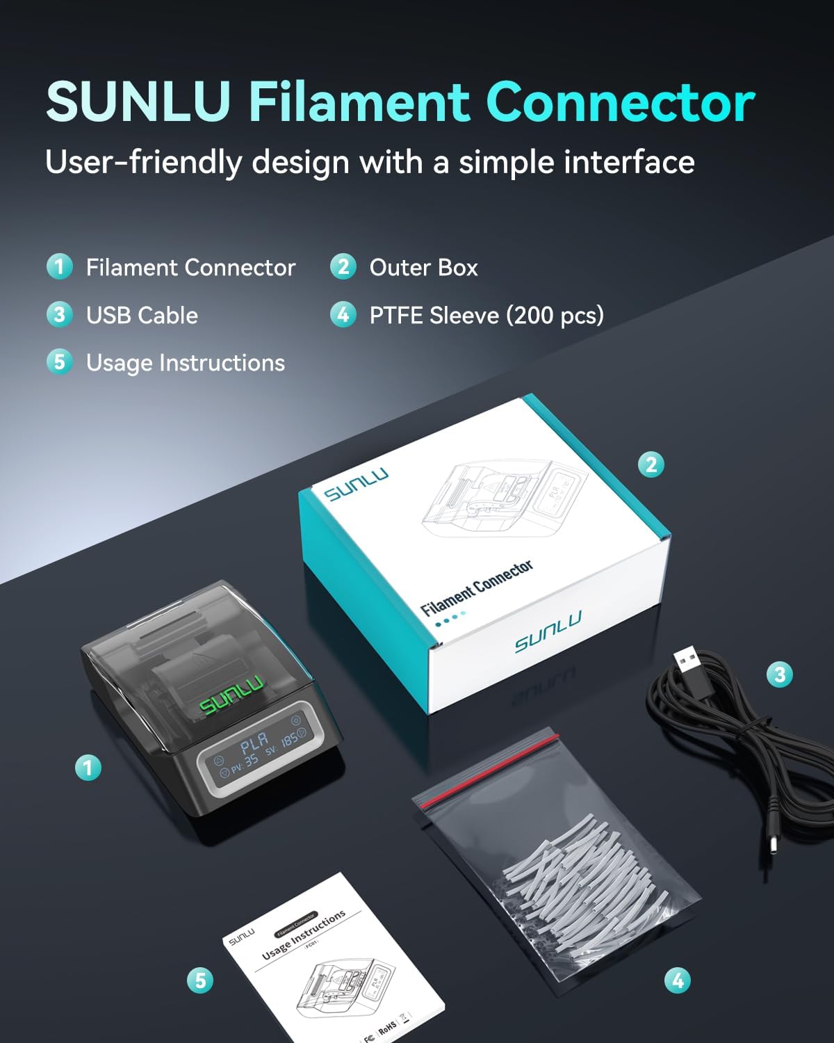 SUNLU Filament Connector for 3D Printer Filament 1.75mm, Up to 240°C, Compatible with PLA PETG TPU ABS PA Nylon,  Pack with 200PCS PTFE Sleeve