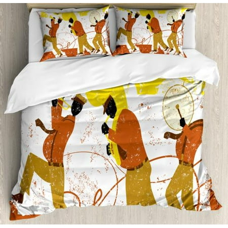 Music Queen Size Duvet Cover Set, Band with Trumpet Tuba and Bass Drum Player Grunge Background, Decorative 3 Piece Bedding Set with 2 Pillow Shams, Cinnamon Pale Brown and Yellow, by