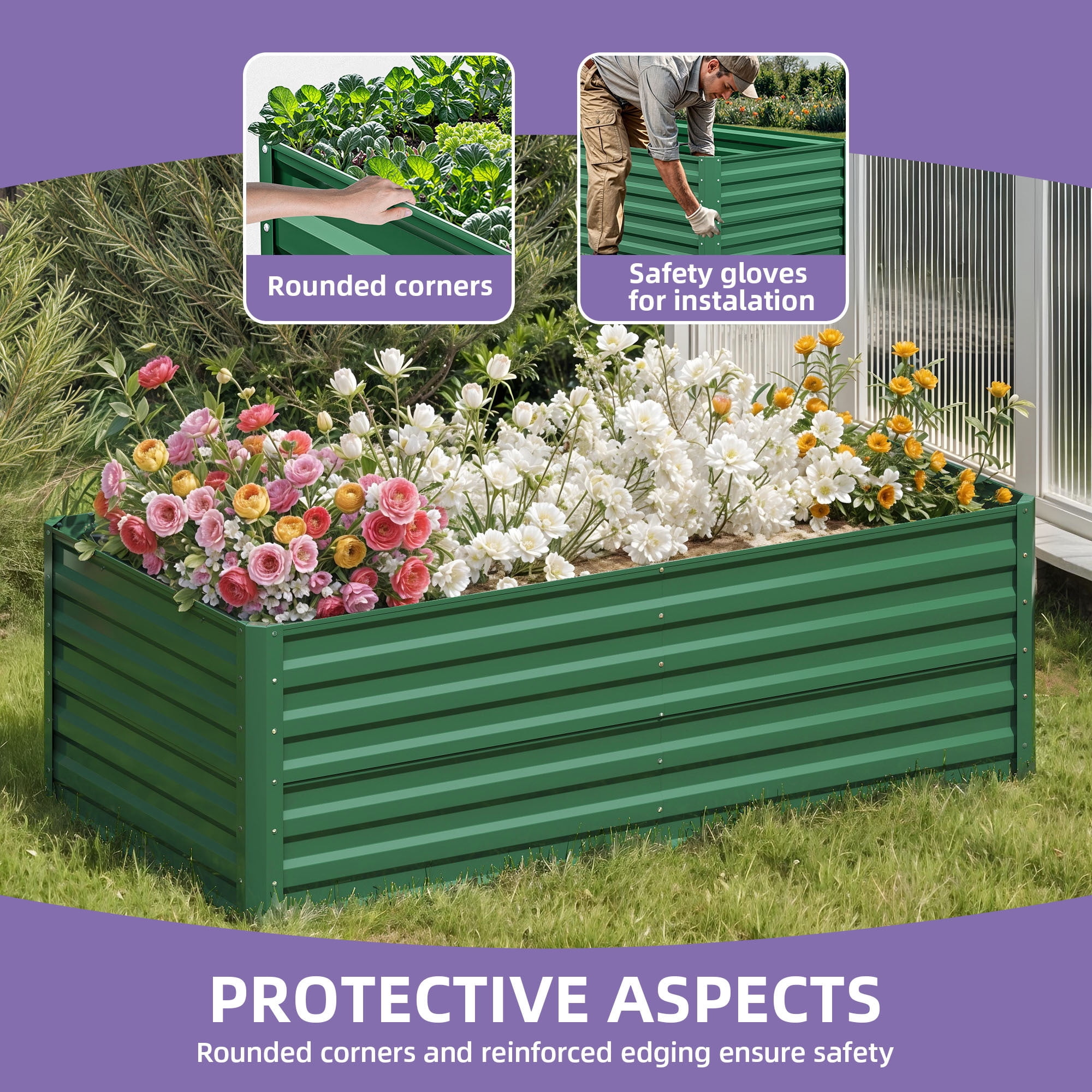Uforic 6X3X2FT 1 Pack Galvanized Metal Raised Garden Bed Kit with Support Rod & Gardening Gloves, Outdoor Above Ground Planter Box for Plants Vegetables Flowers, Green