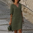 thumbnail image 2 of XDZJLR Women's Dresses And Linen Short Sleeve Holiday Semi V Neck Mini Solid Color Skirt, 2 of 6