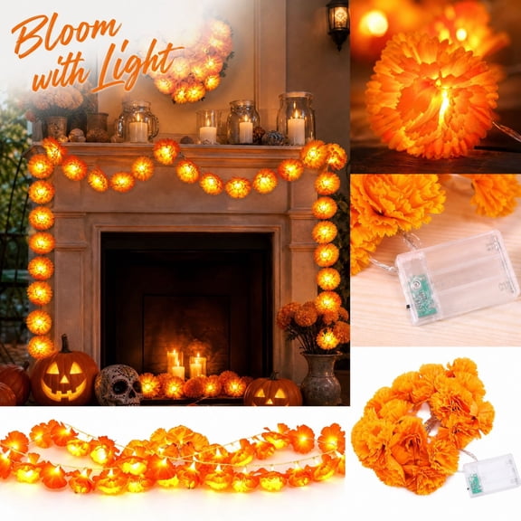 Marigold Flower String Lights, Orange Floral Fairy Lights, Fall Thanksgiving Day of The Dead Halloween Decor for Home Party