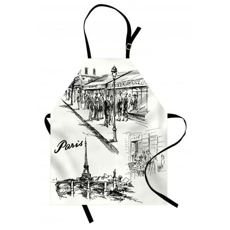 Eiffel Tower Apron Paris Sketch Style Cafe Restaurant Landmark Canal Boat Lantern Retro Print, Unisex Kitchen Bib Apron with Adjustable Neck for Cooking Baking Gardening, Black White, by