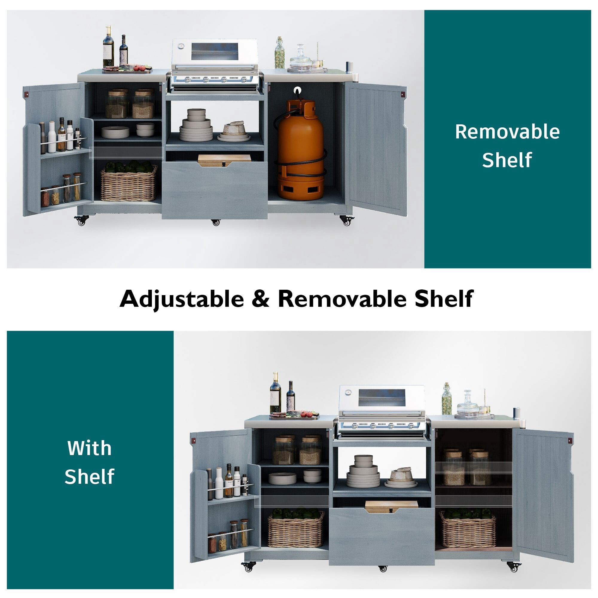 AENKYO 66.5" Outdoor Kitchen Island for Big Green Egg, Solid Wood Grill Cart with Stainless Steel Top, Gray Blue