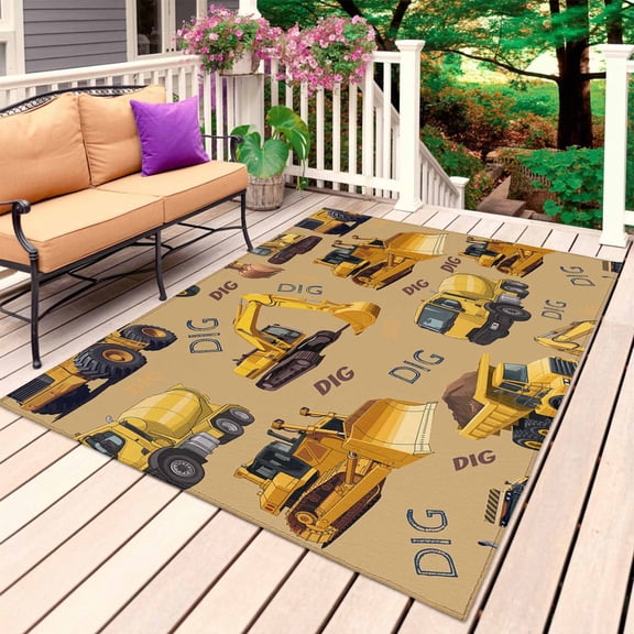 Construction Truck Outdoor Rug 5x7 Ft, Non Slip Washable Area Rug, Cartoon Grips and Bulldozers Turmeric Patio Rugs Carpet Runner, Large Floor Mat for Indoor/Outdoor Deck Porch Camping