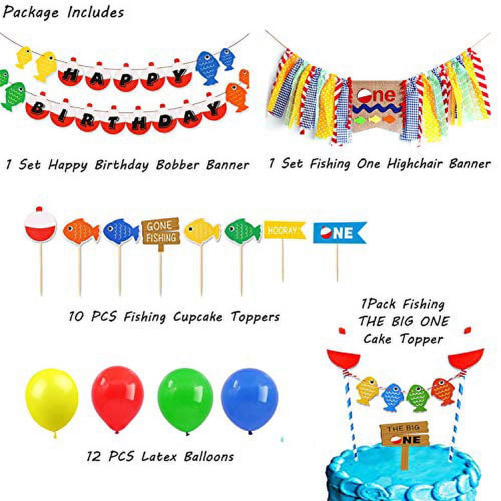 Fishing First Birthday Party Decorations, Fishing Happy Birthday Banner,  One Highchair Banner, Cake Topper and Colorful Balloons for Baby GILR Boy  Fishing 1st Birthday Party Supplies Decorations 
