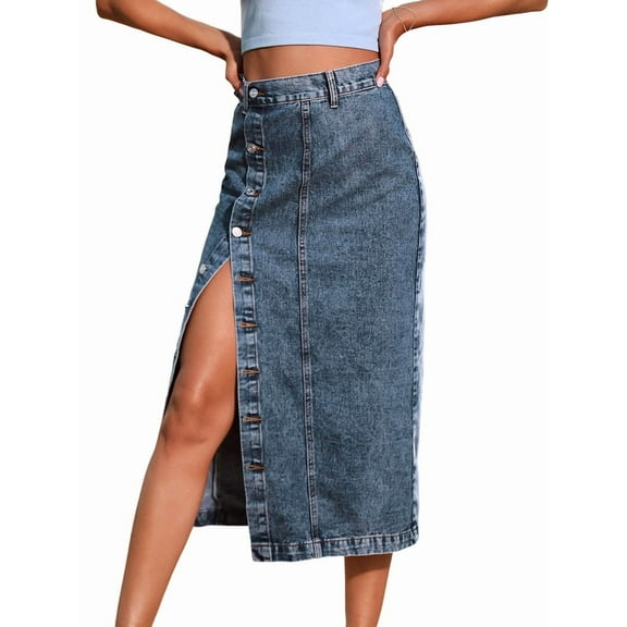Womens Casual Slit Denim Midi Jean Skirt Stretch High Waist Frayed Button Up  XS