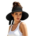 thumbnail image 2 of UTSJKR Womens Wide Brim Ponytail Straw Visor Hat with Rear Ribbon Tie for Summer Seaside Vacation Farmers Market Walk Patio Brunch Packable Lightweight Vacation Hat Black, 2 of 8