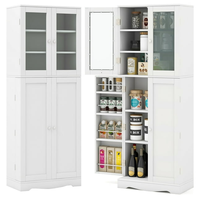 Costway Armoire de Garde-Manger de Cuisine de 63,5 Pouces de Hauteur avec Porte en Verre Étagères de Rangement Blanc