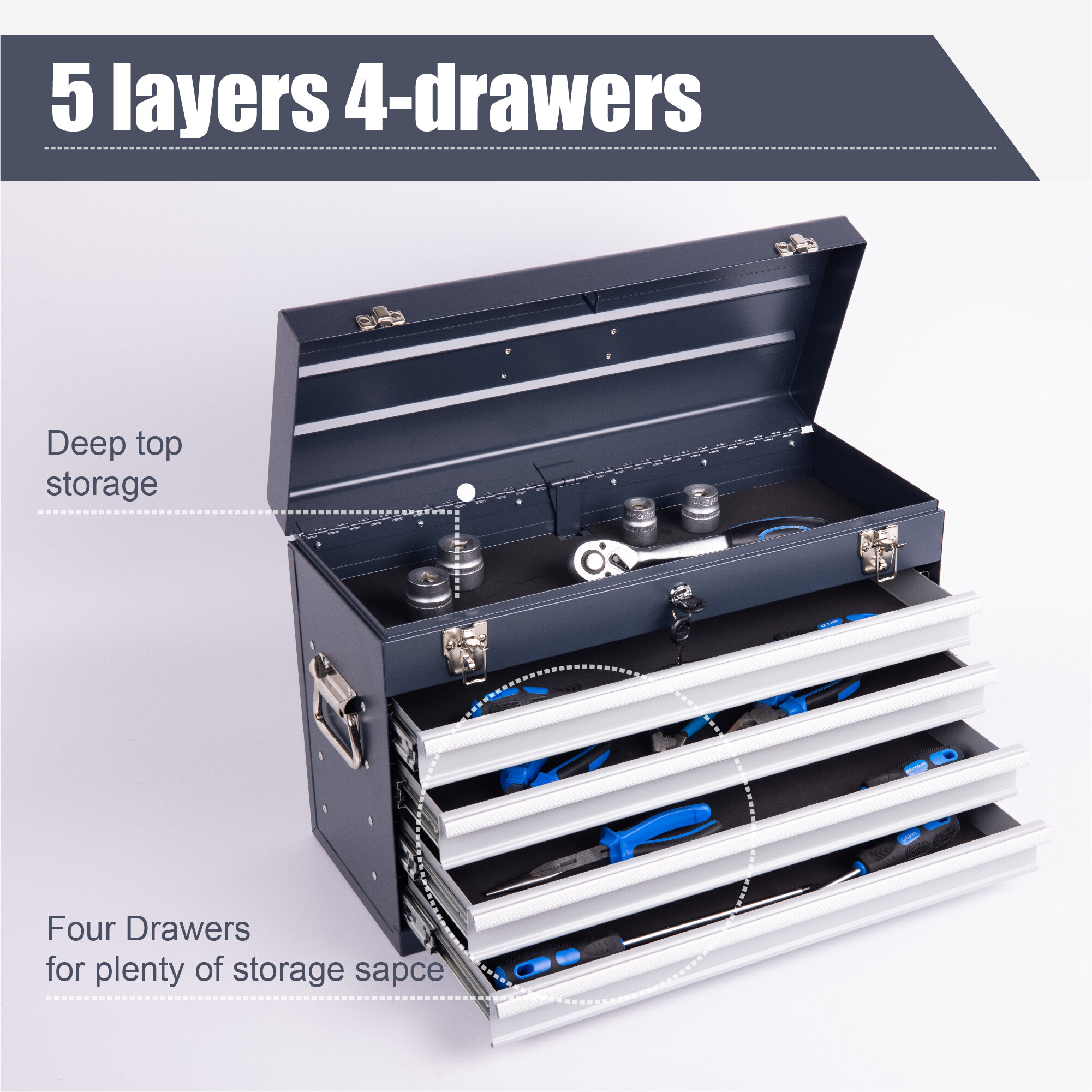 Mechanics Tool Box Heavy Duty Metal Tool Box, 21-inch, Portable Metal Tool Box with 4 Drawers, Small Tool Chest with EVA Liners, Ball Bearing Slide Drawers Locking & Powder Coated Finish, Multi-Funct