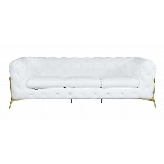 93" White and Gold Genuine Tufted Leather Standard Sofa