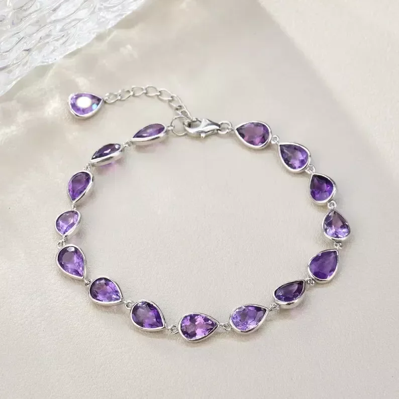 "6.50 Ct Pear Simulated Amethyst Tennis Bracelet, 925 Sterling Silver White Gold Plated, Elegant Jewelry for Women"