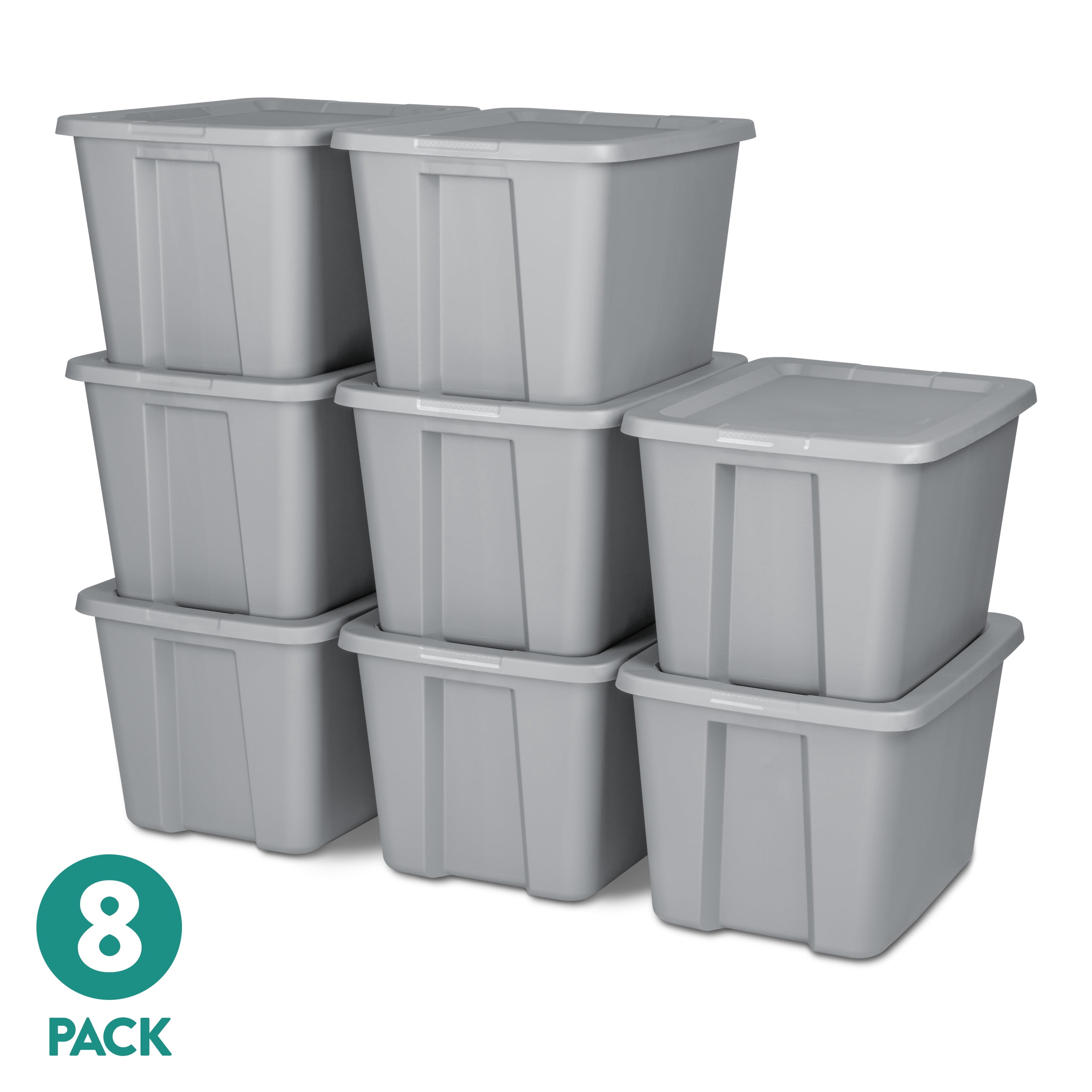 (16 pack) Sterilite Large Storage Bin, 18 Gallon Durable Plastic Storage Tote with Snap-On Lid, Gray, 8 pack