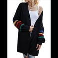 thumbnail image 2 of Cárdigan Abierto para Mujer, Suéter de Punto Holgado con Bloques de Color y Rayas, Abrigo Exterior. Negro XL, 2 of 10