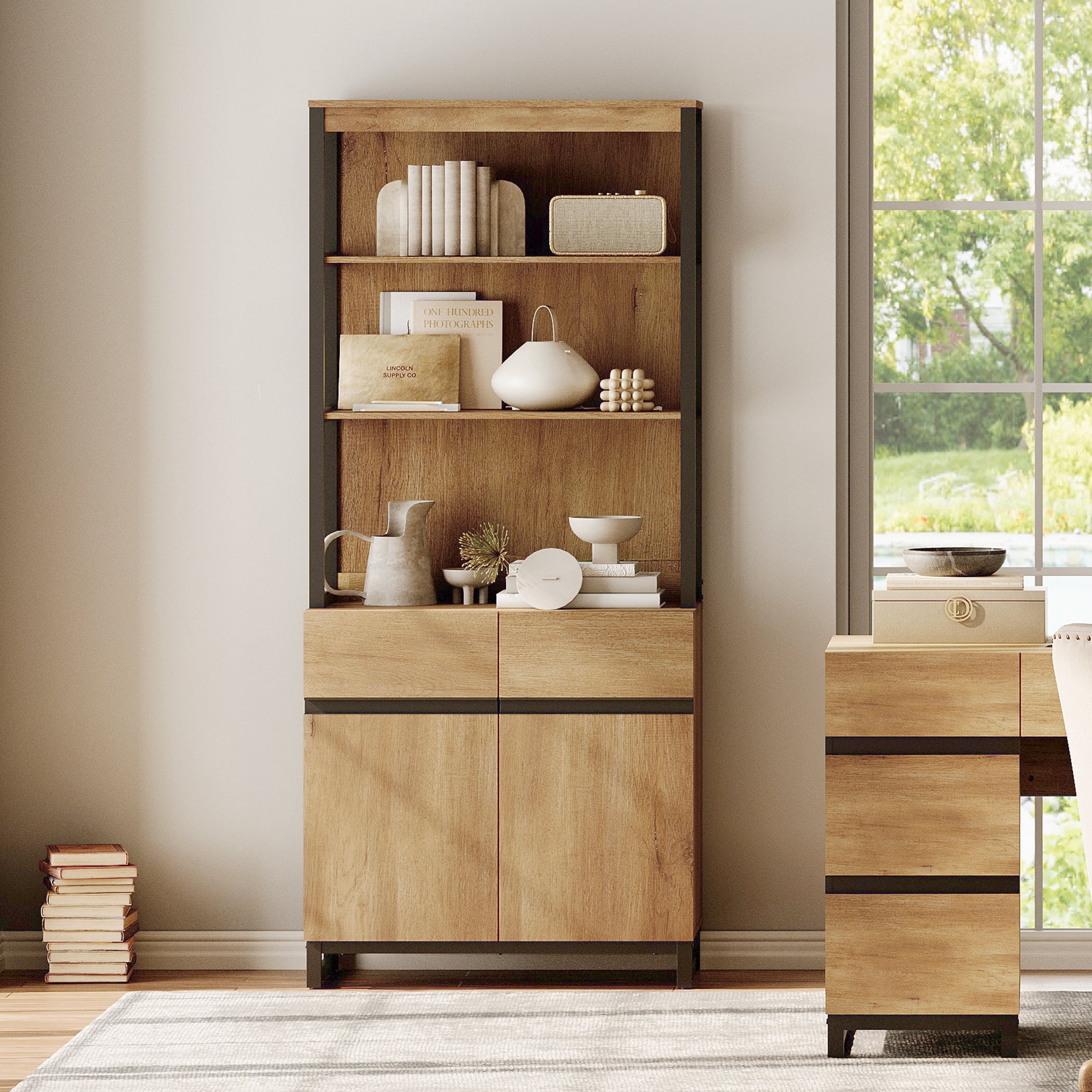 Modern 72" Tall Bookcase with Sturdy Metal Base, Freestanding Library Bookshelf with Adjustable Shelves, Closed Storage Cabinet and Open Display Shelves for Home Office, Living Room