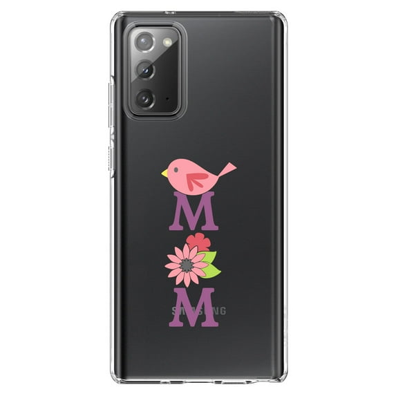 DistinctInk Clear Shockproof Hybrid Case for Samsung Galaxy Note 20 (6.7" Screen) - TPU Bumper Acrylic Back Tempered Glass Screen Protector - Mom - Pink Bird & Flowers