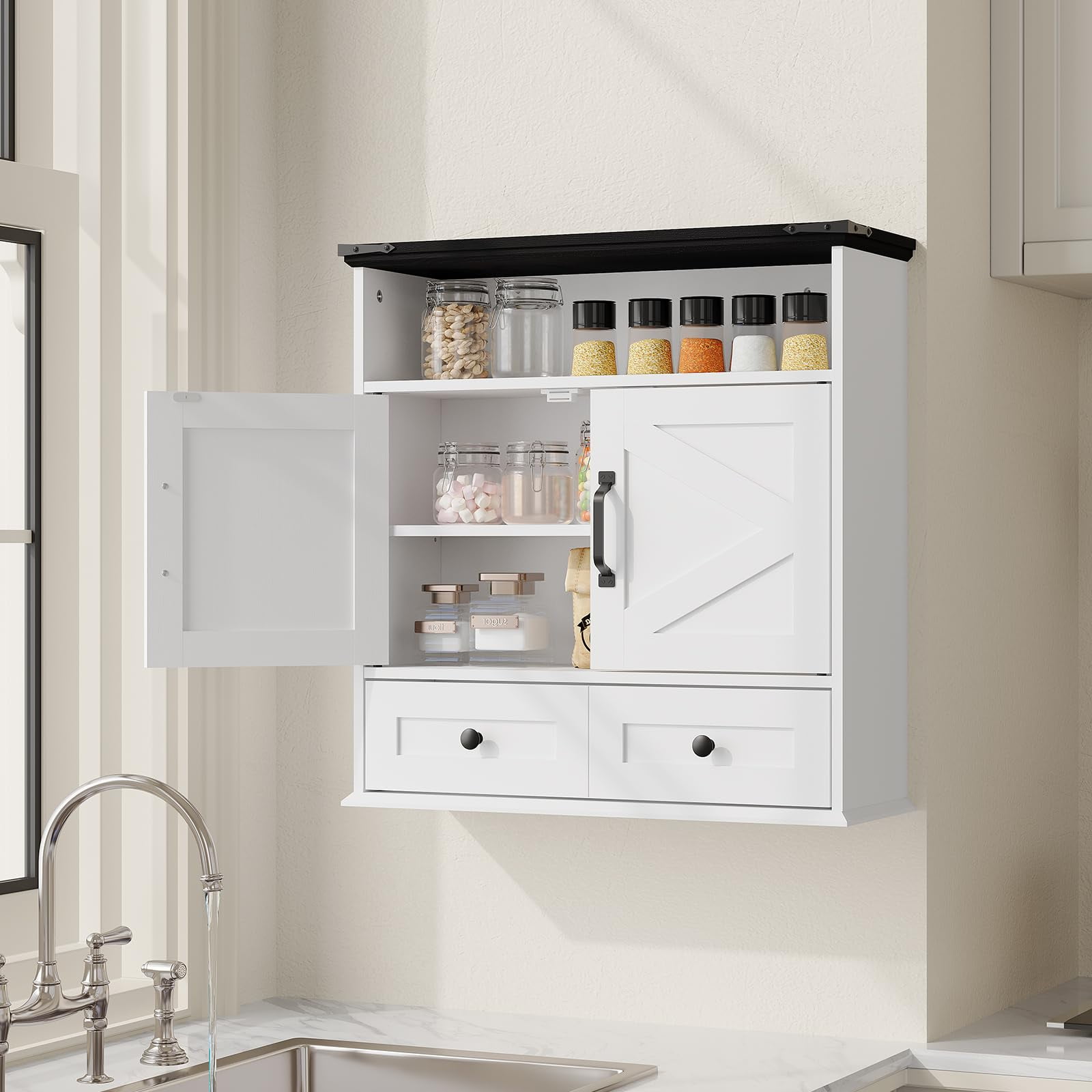 25" Wide Wall-Mounted Bathroom Cabinet with Barn Doors, Over-Toilet Storage with Adjustable Shelf & Drawer, Hanging Cabinet for Bathroom, Kitchen, Laundry, or Entryway
