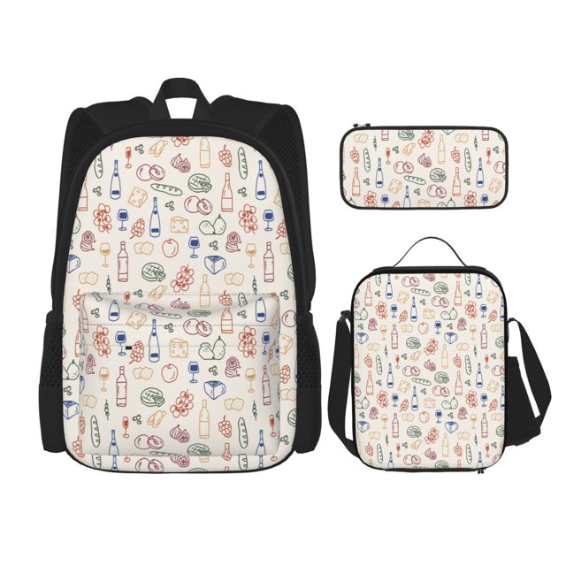 Easygdp Doodle Wine Mochila para Niños y Niñas con Set de Caja de Almuerzo y Estuche para Lápices 3 en 1, Mochila Escolar Estampada para Adolescentes