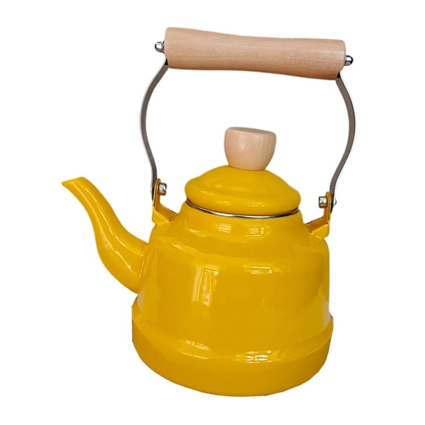 Tetera vintage esmaltada con mango de madera resistente al calor para el té de la cocina del hogar. Amarillo