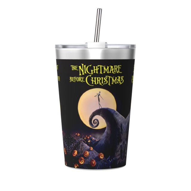 Termo de Pesadilla antes de Navidad con pajita cónica de doble pared con aislamiento al vacío de acero inoxidable de 12 oz, color blanco