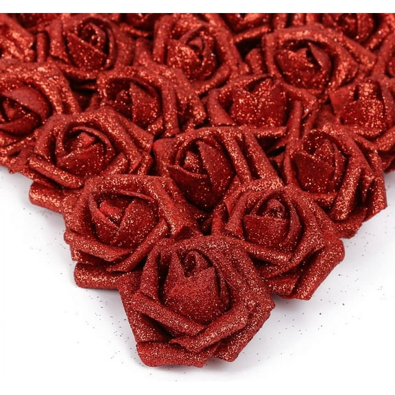 Artificial Flowers, 25pcs Foam Glitter Roses Glitter Foam Rose Foam Rose with Stem for DIY Wedding Bridal Bouquet Home Party Christmas Decoration(Silver)