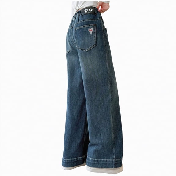 TOWED22 Girls Casual Baggy Jeans Wide Leg Denim Pants with Pockets Relaxed Y2K Style Blue,9-10 Y