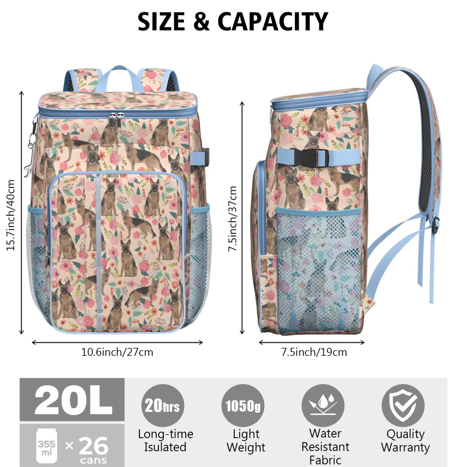 Travel Cooler Bag - German Shepherd with Flowers Camping Beer Cooler Backpack with Bottle Opener- Waterproof Insulated Picnic Backpacks - Cooler Bag for Beach