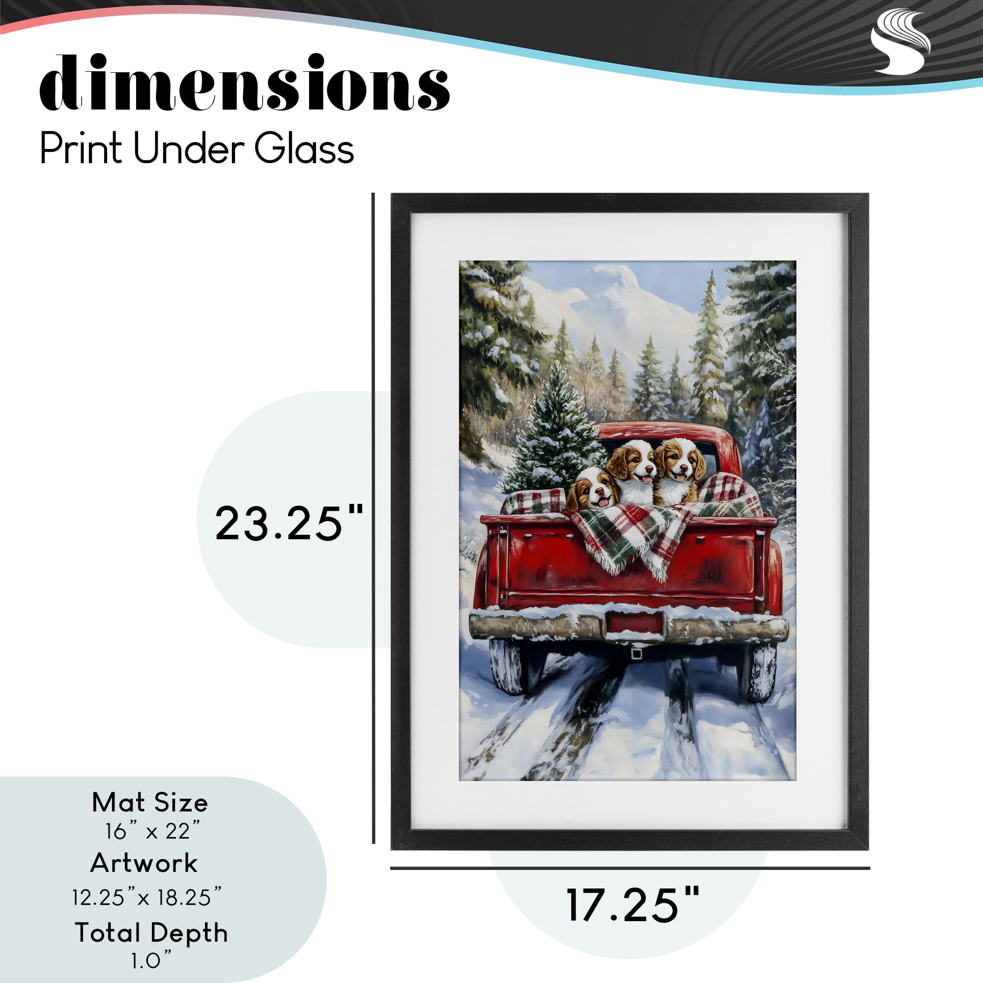Christmas Truck Pups Trio Black Framed Print Under Glass, design by Petal Prints Design