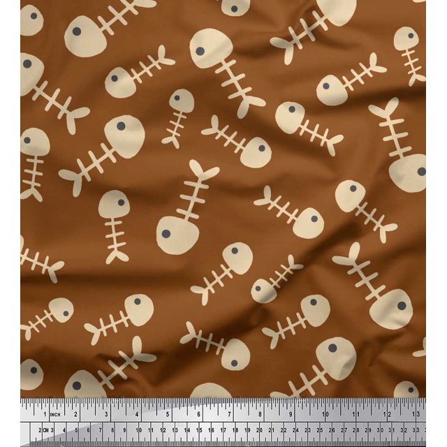 Soimoi Brown Satin Silk Fabric Fish Skeleton Ocean Print Sewing Fabric Yard 42 Inch Wide