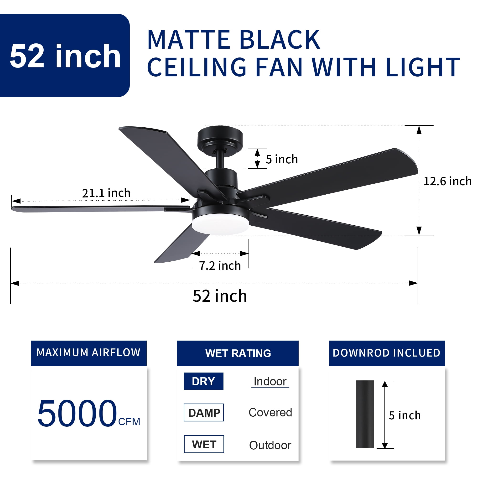 Wellspeed 52 in. Modern Ceiling Fan with Dimmable Light, for Indoor, Remote Control, 6 Speeds Reversible DC Motor, Black
