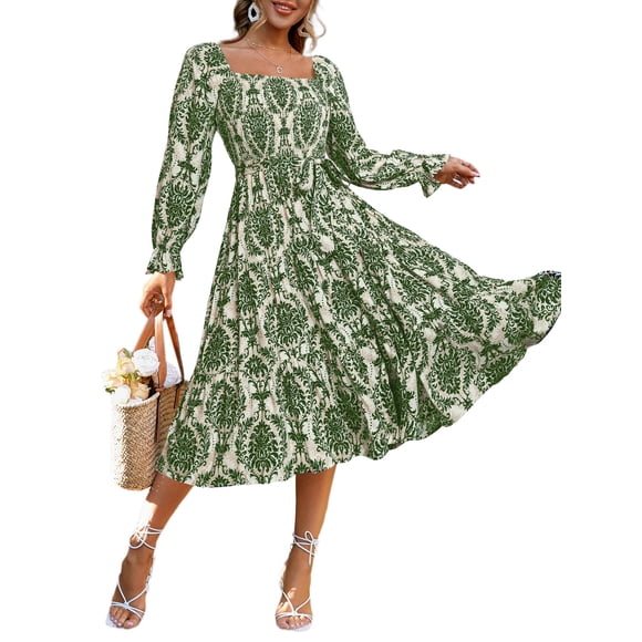 Vestido largo Simplee para mujer, manga larga, verde primaveral, floral