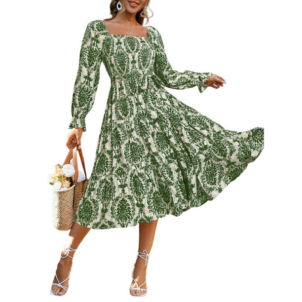 Vestido largo Simplee para mujer, manga larga, verde primaveral, floral