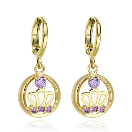 Beautiful Royal Snow White Princess Crown Cute Purple Sparkling Crystals Gold-Tone Fashionable Earrings