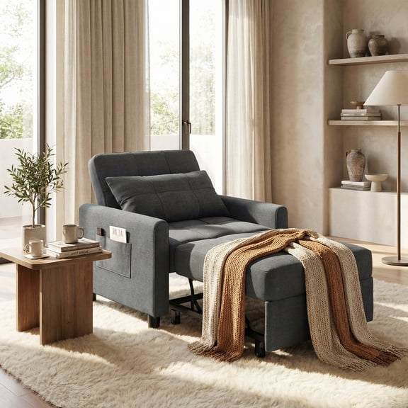 Adjustable Backrest Convertible Sofa Bed, 3-in-1 Linen Reclining Sleeper Chair, Multifunctional Couch for Living Room Bedroom Small Space, Dark Grey